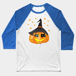 Black and Gray Cat in a Pumpkin House with Sweets Baseball T-Shirt